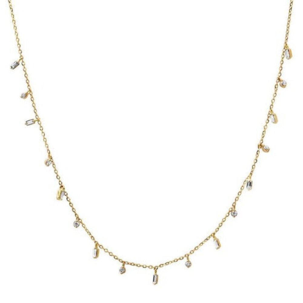 Baguette Round Diamond 14K (or 18k upon request) Yellow Gold Dangling Necklace